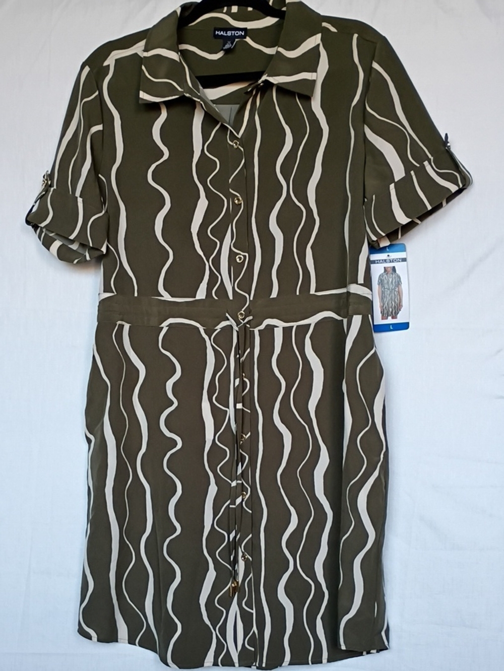 Halston Heritage Olive and Cream Wave-Print Midi Shirt Dress Size L - Picture 4 of 10
